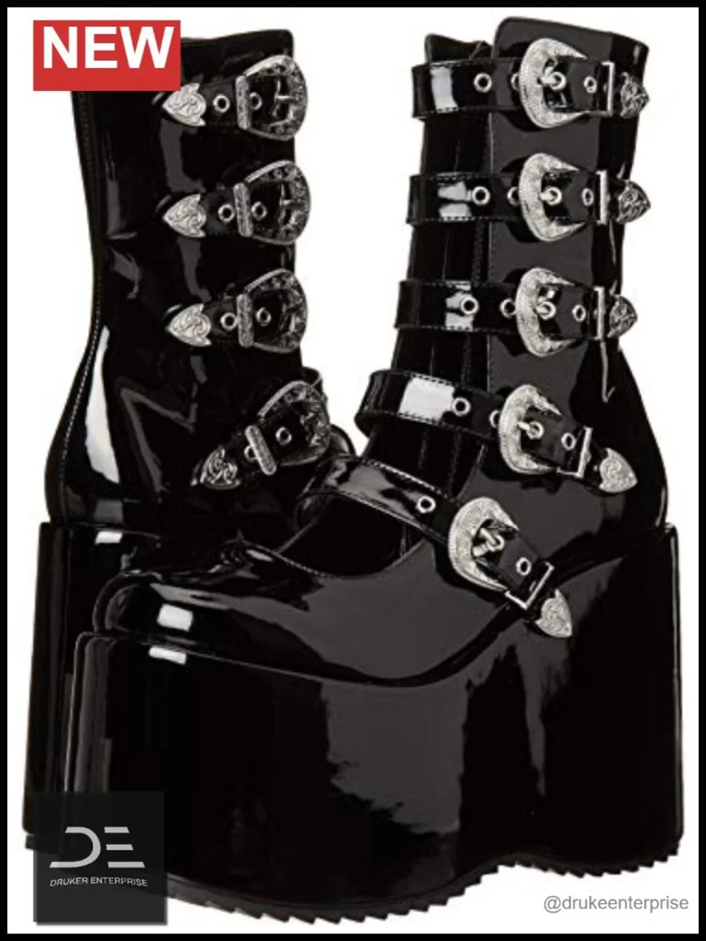 Platform Shoe with Decorative Buckles and Side Zipper